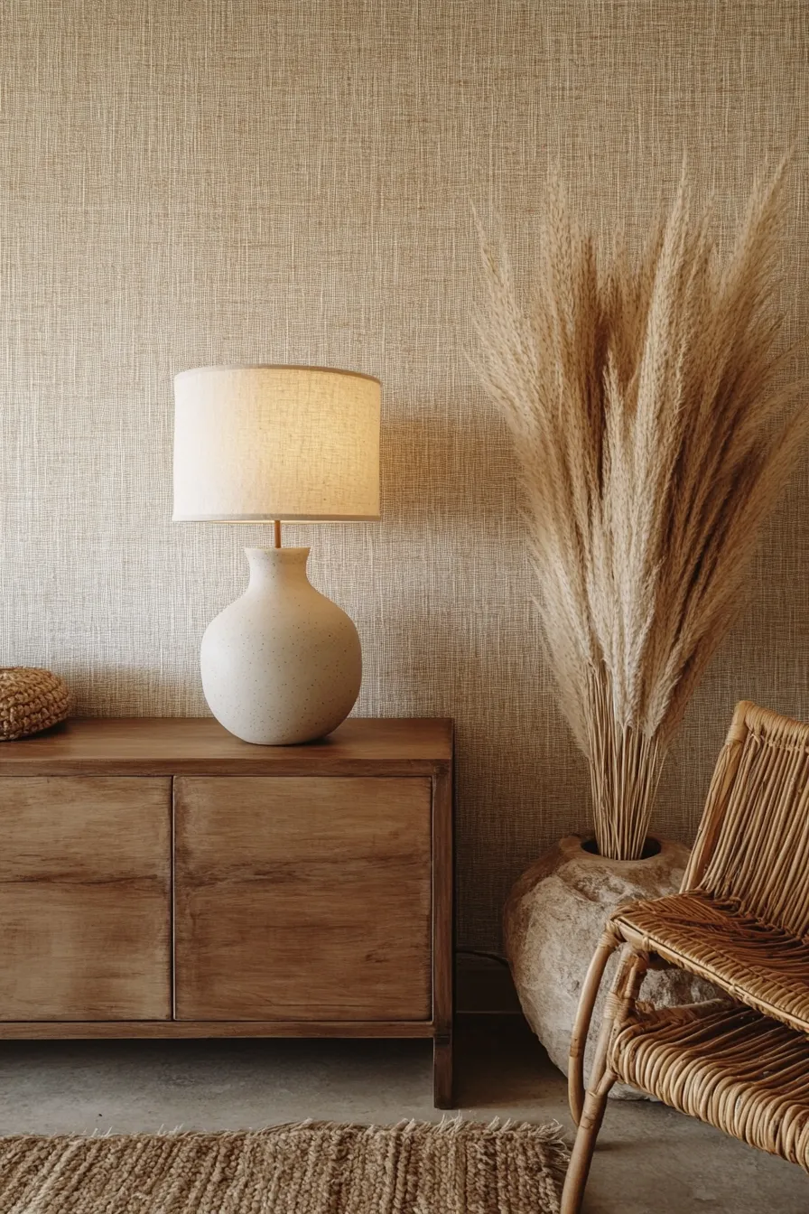 ceramic lamp with linen shade illuminating organic modern living room with textured walls and natural decor