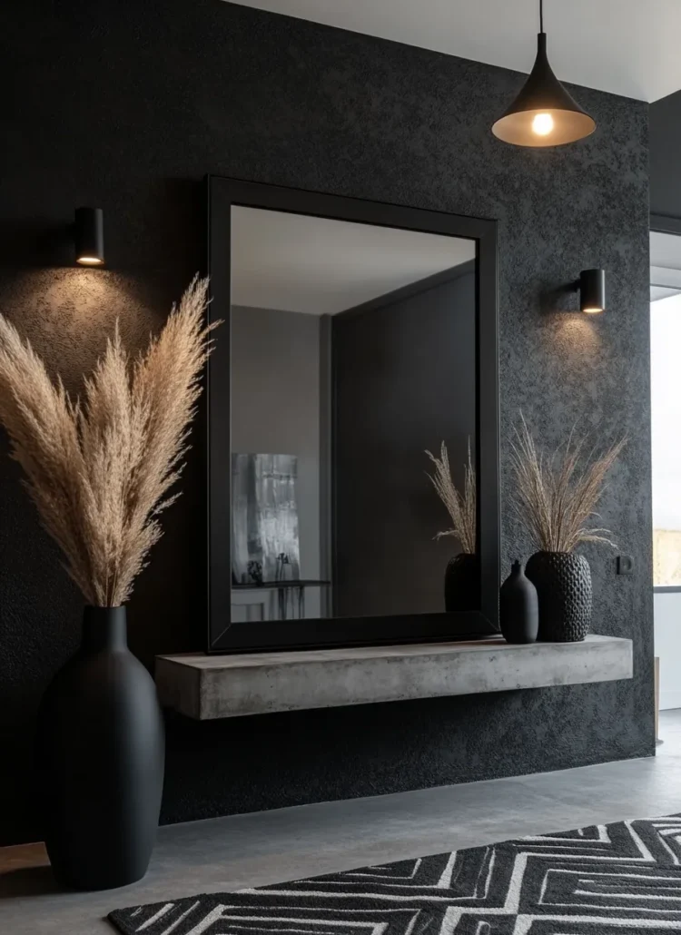 charcoal textured wall entryway with minimalist mirror pendant lighting and concrete console table arrangement