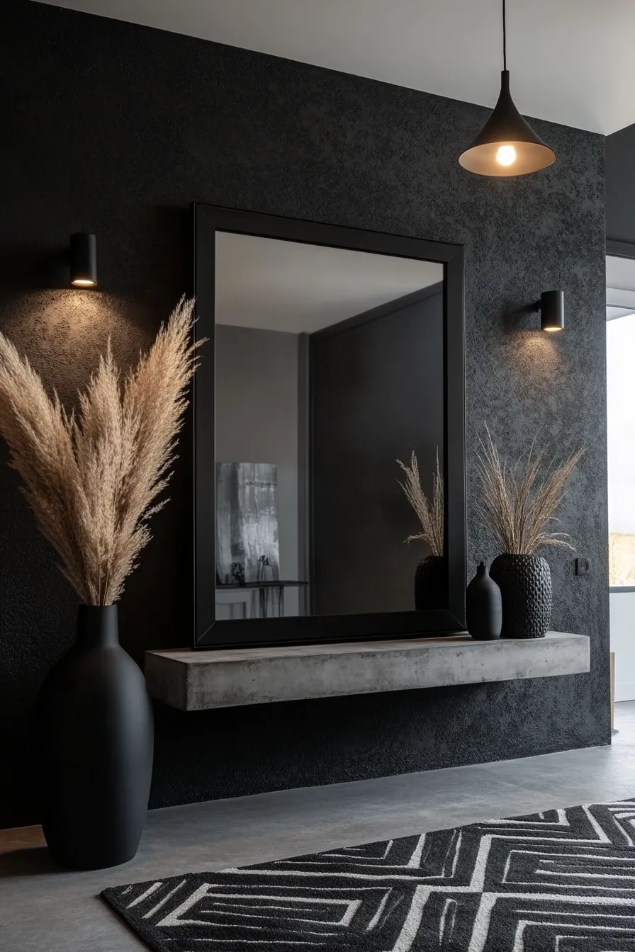 charcoal textured wall entryway with minimalist mirror pendant lighting and concrete console table arrangement