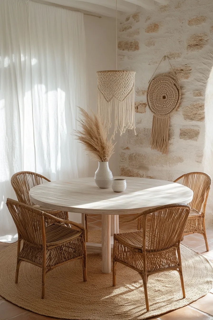 circular bleached oak dining table with rattan chairs macrame pendant light whitewashed walls and terracotta floors in sunlit room