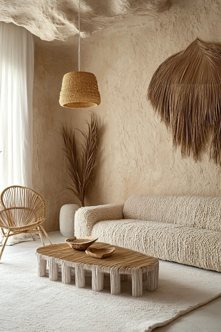 clay plastered living room with lowprofile sofa sculptural rattan chair and dried palm frond accent