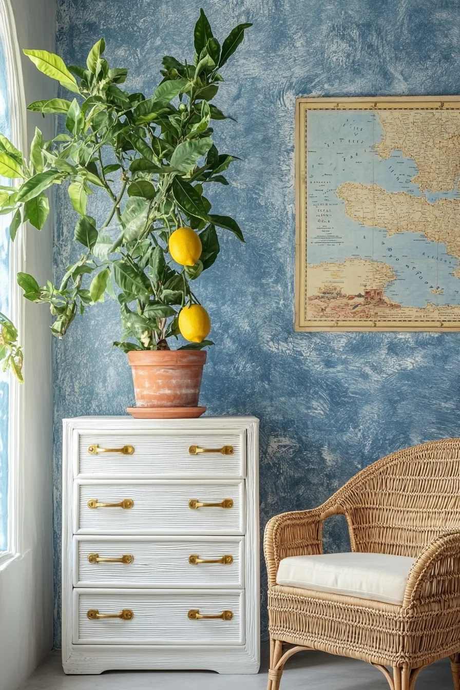 coastal home office featuring rattan cabinet plaster walls arched window with bright sunlight woven chair