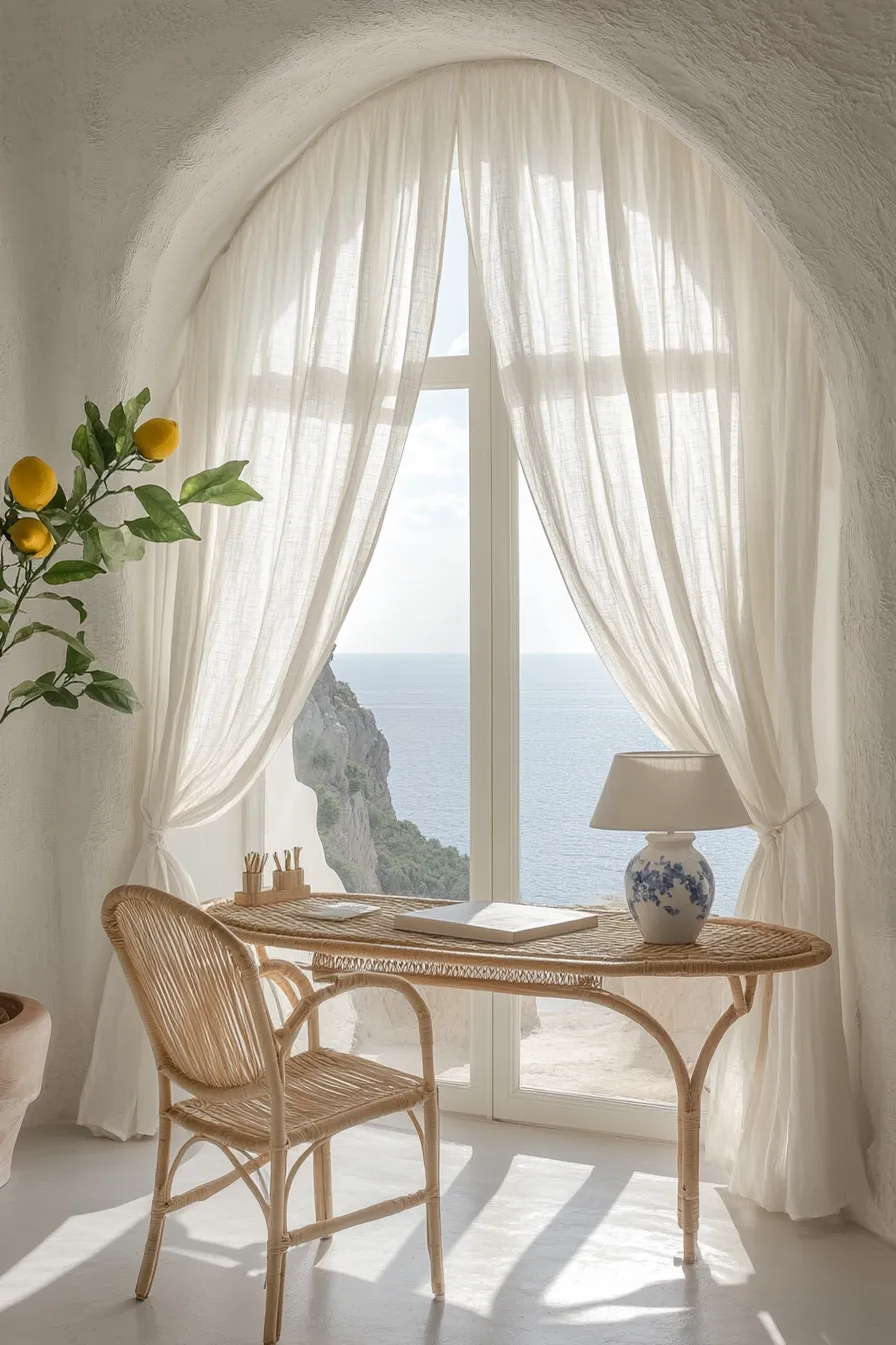 coastal home office with arched window rattan furniture white curtains and mediterranean sea view