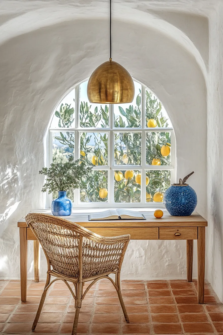 coastal home office with brass pendant light whitewashed walls rattan chair and arched window overlooking citrus grove