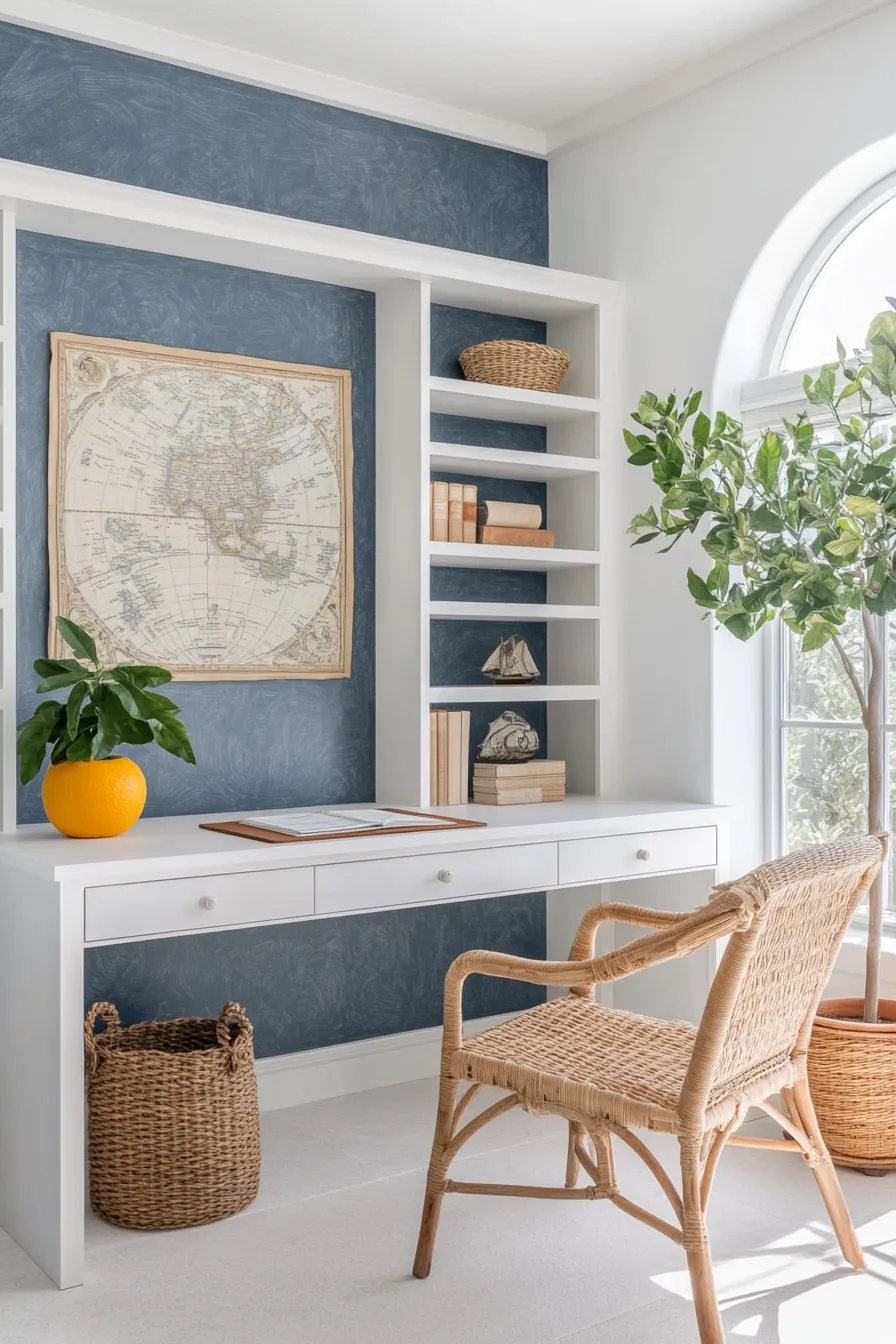 coastal home office with white builtin shelving mediterranean blue wall arched window lemon wood desk and rattan chair