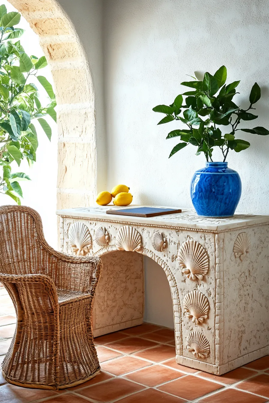 coastal office featuring carved stone desk stucco walls terracotta flooring and mediterranean accessories