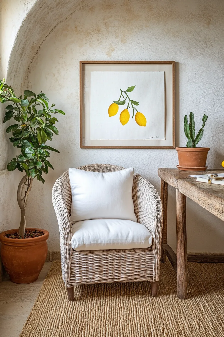 coastal office space with wicker chair wooden desk and mediterranean inspired decor near window