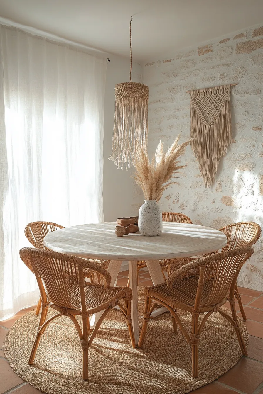 coastal spanish dining space with round table white curtains woven chairs and natural light