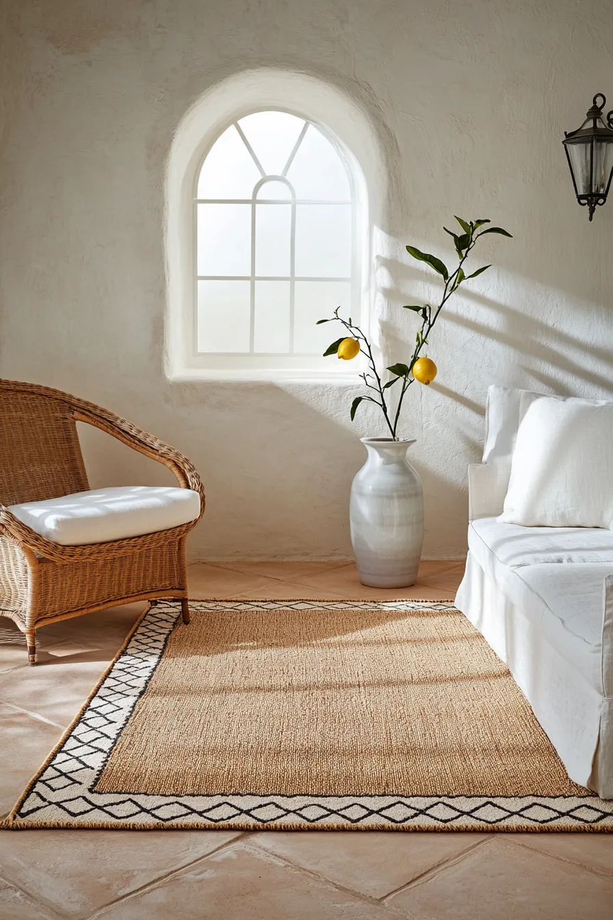 contemporary coastal office featuring natural fiber rug white walls mediterranean furniture and wrought iron accents