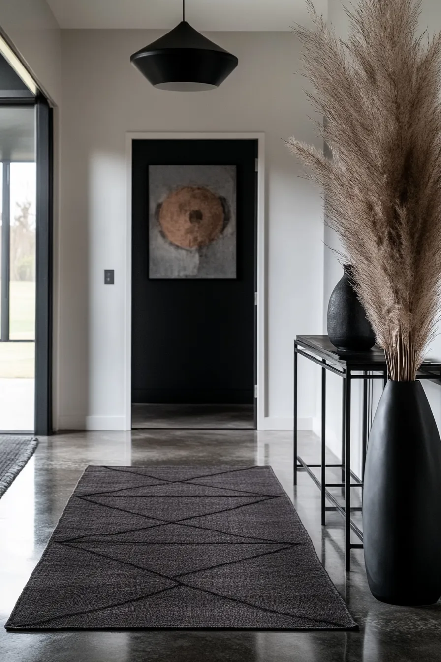 contemporary dark entryway with geometric rug pendant light metal console table and abstract wall art