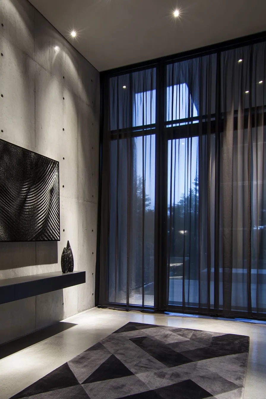 contemporary entryway with black window frames charcoal drapes concrete walls and modern lighting design