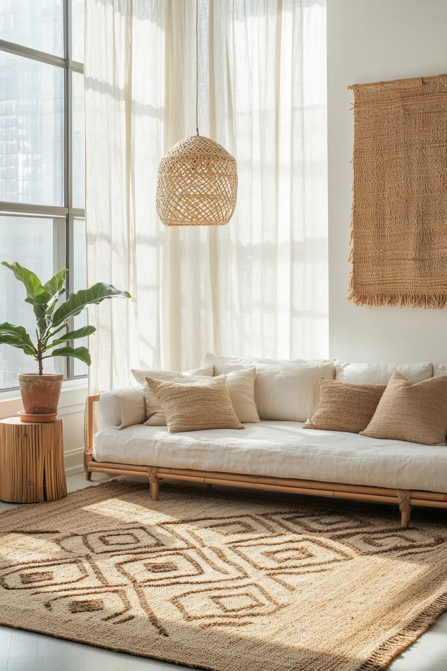 contemporary living room featuring natural fiber rug minimalist furniture large windows and organic design elements