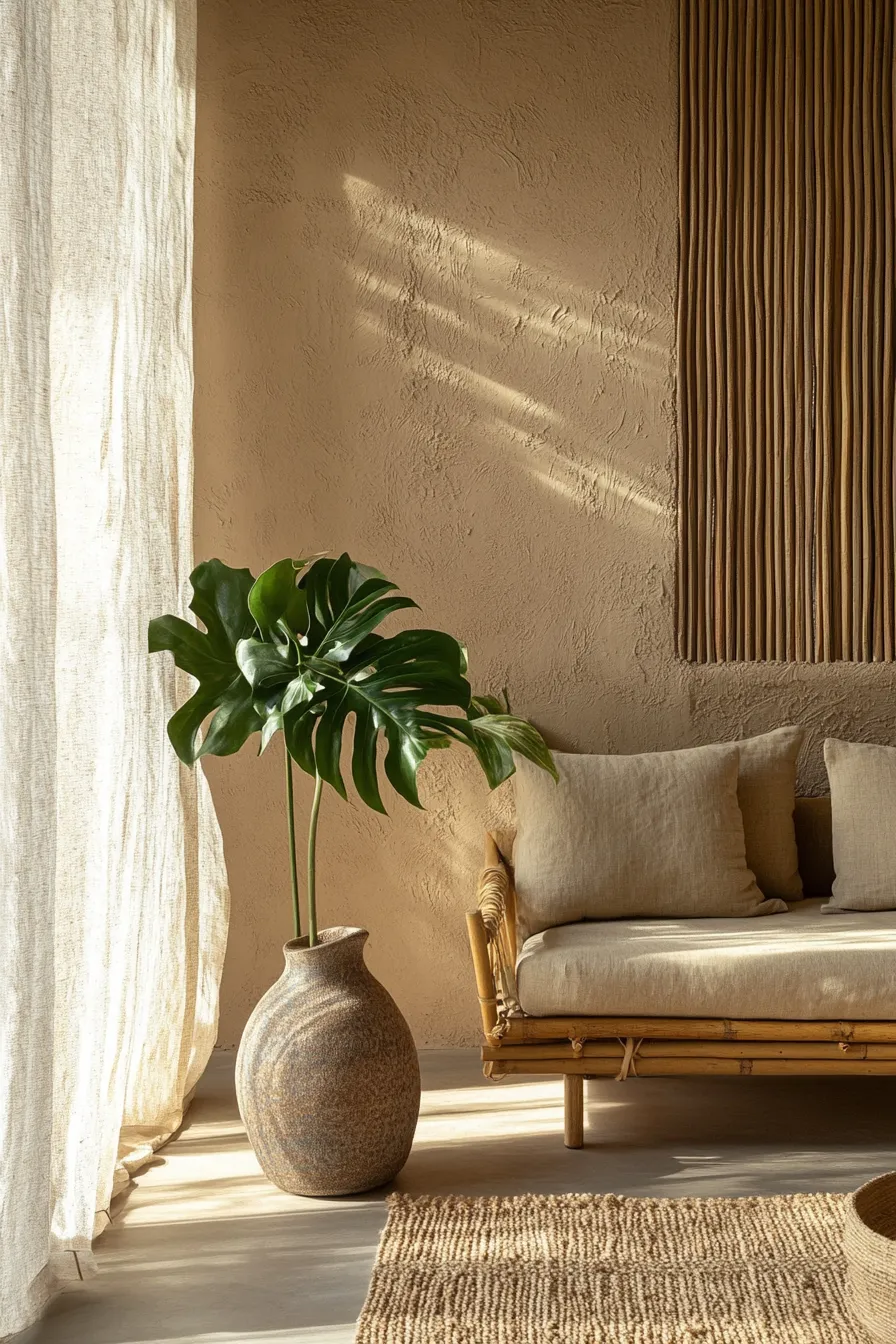 contemporary living space with clay plaster walls natural wood details woven textiles and organic decorative elements