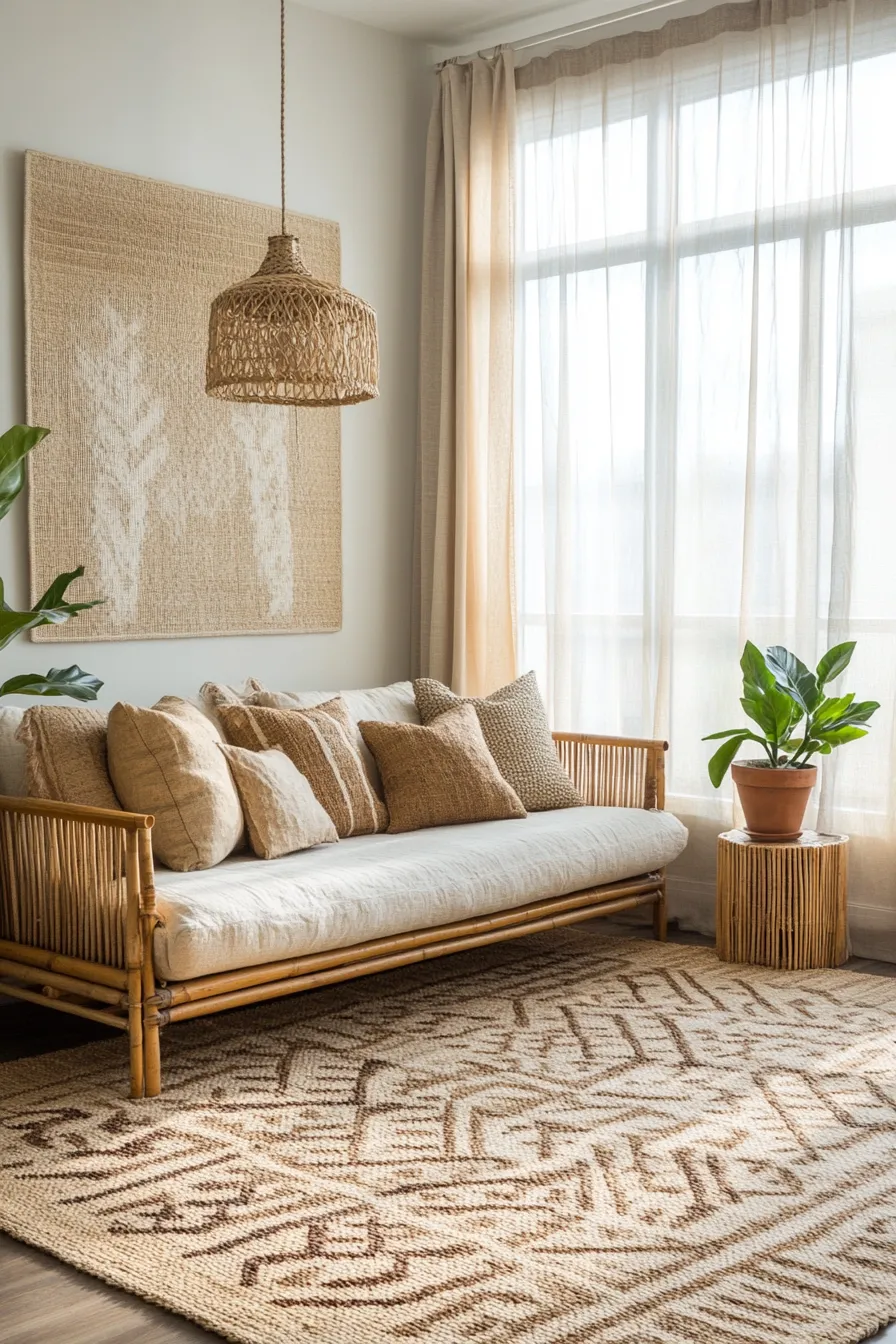 cozy living room featuring woven jute rug under modern furniture with natural light filtering through sheer curtains