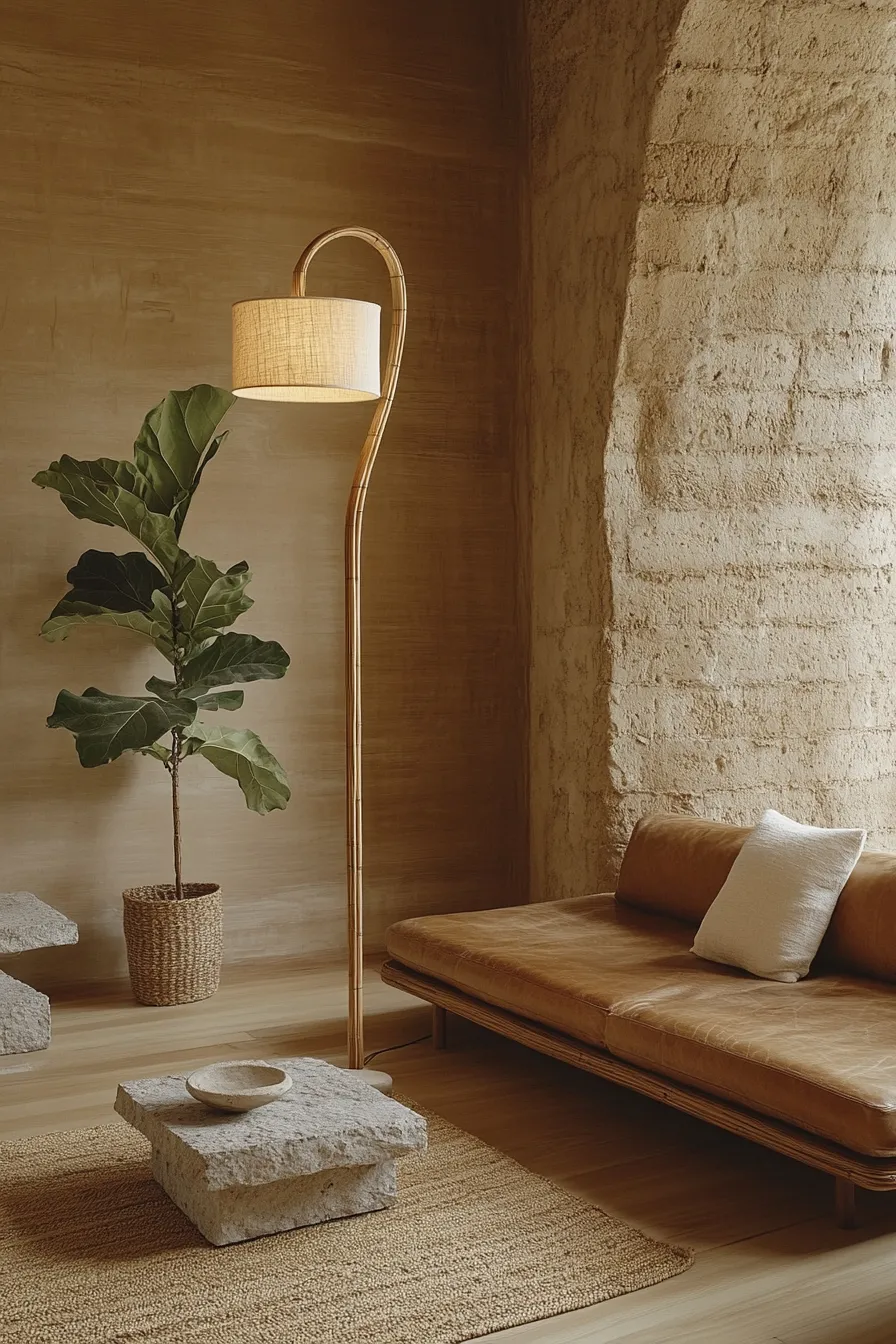 curved bamboo floor lamp illuminating organic modern living room with natural materials and textures