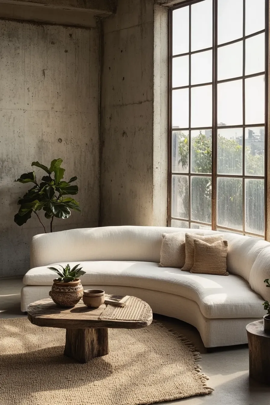 curved linen sofa in modern living room with natural light concrete walls wooden accents and ceramic decor