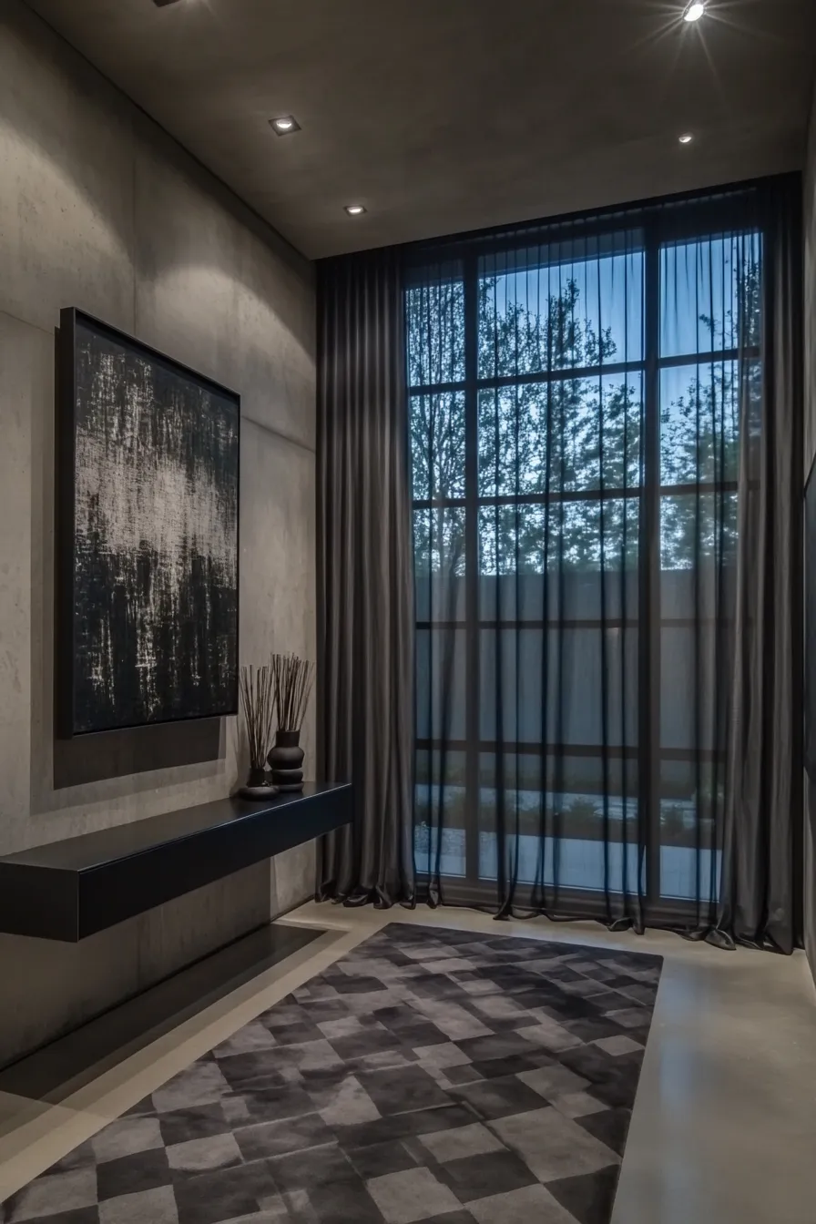 dark entryway featuring floortoceiling windows with sheer drapery modern console table and abstract wall art