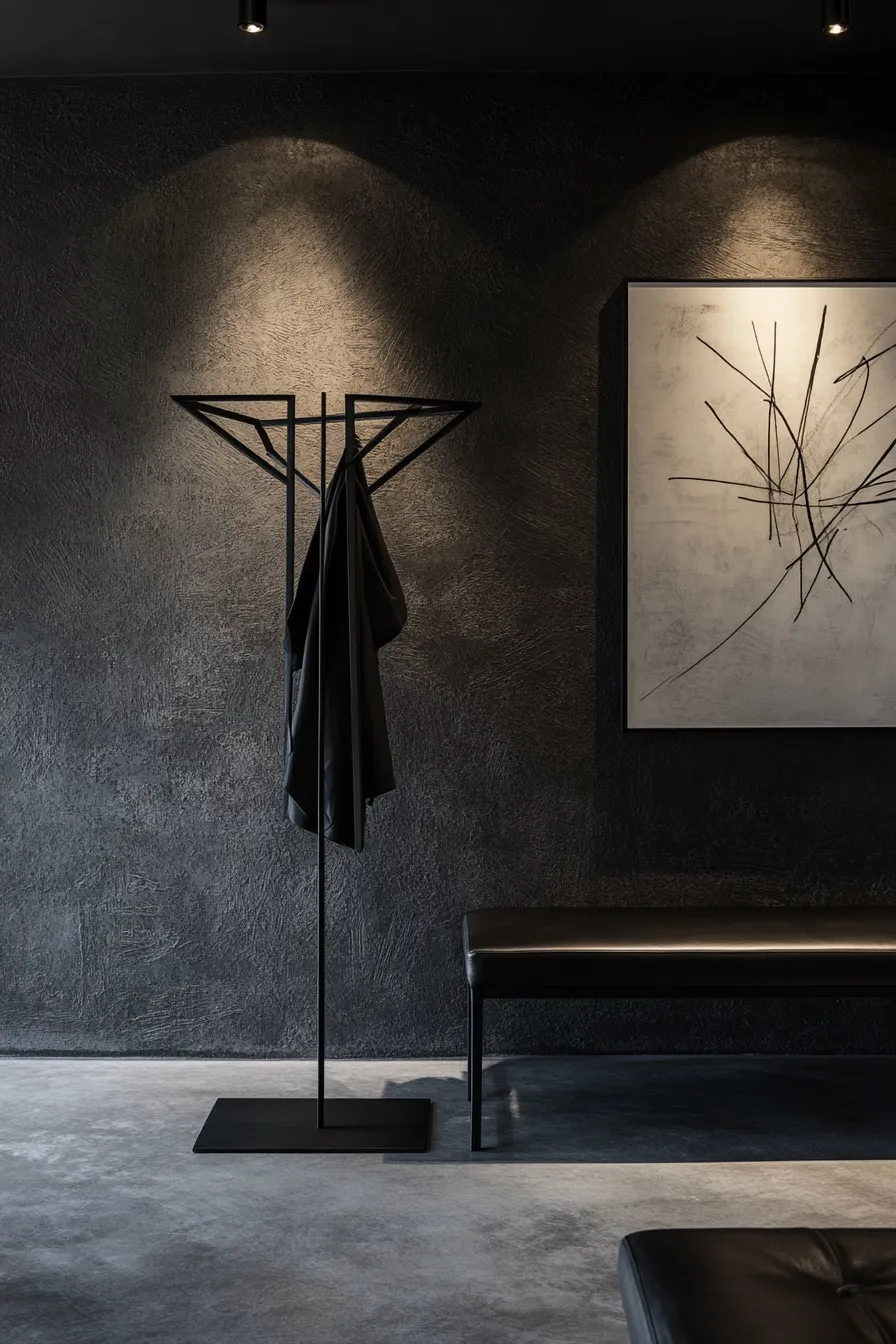 dark entryway featuring pendant light casting shadows on textured walls geometric coat stand and console table