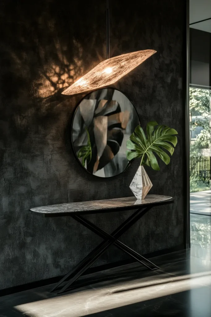 dark entryway illuminated by pendant light featuring black metal console table mirror and monstera leaf in vase