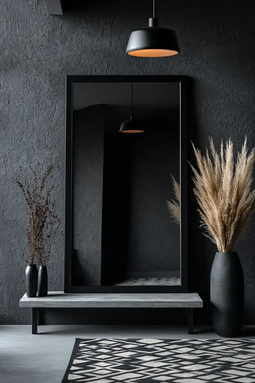 dark entryway with pendant light illuminating mirror concrete console table and monochrome geometric rug