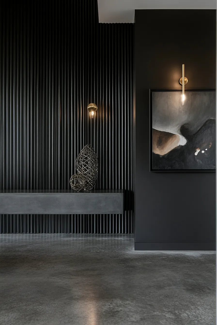 dark entryway with textured black walls ambient lighting floating console and brass wall sconce