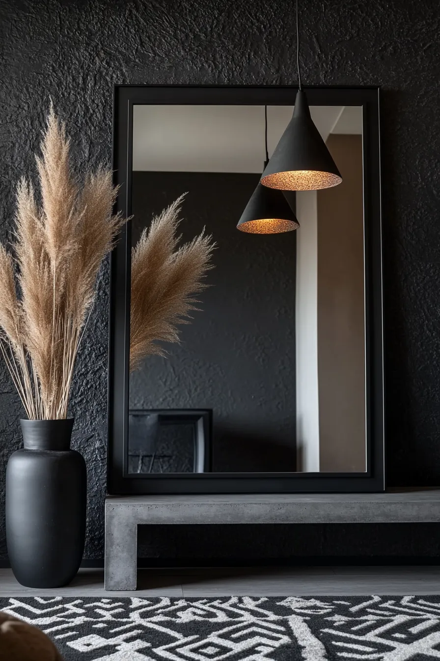 dark modern entryway featuring blackframed mirror textured walls sleek pendant light and geometric rug