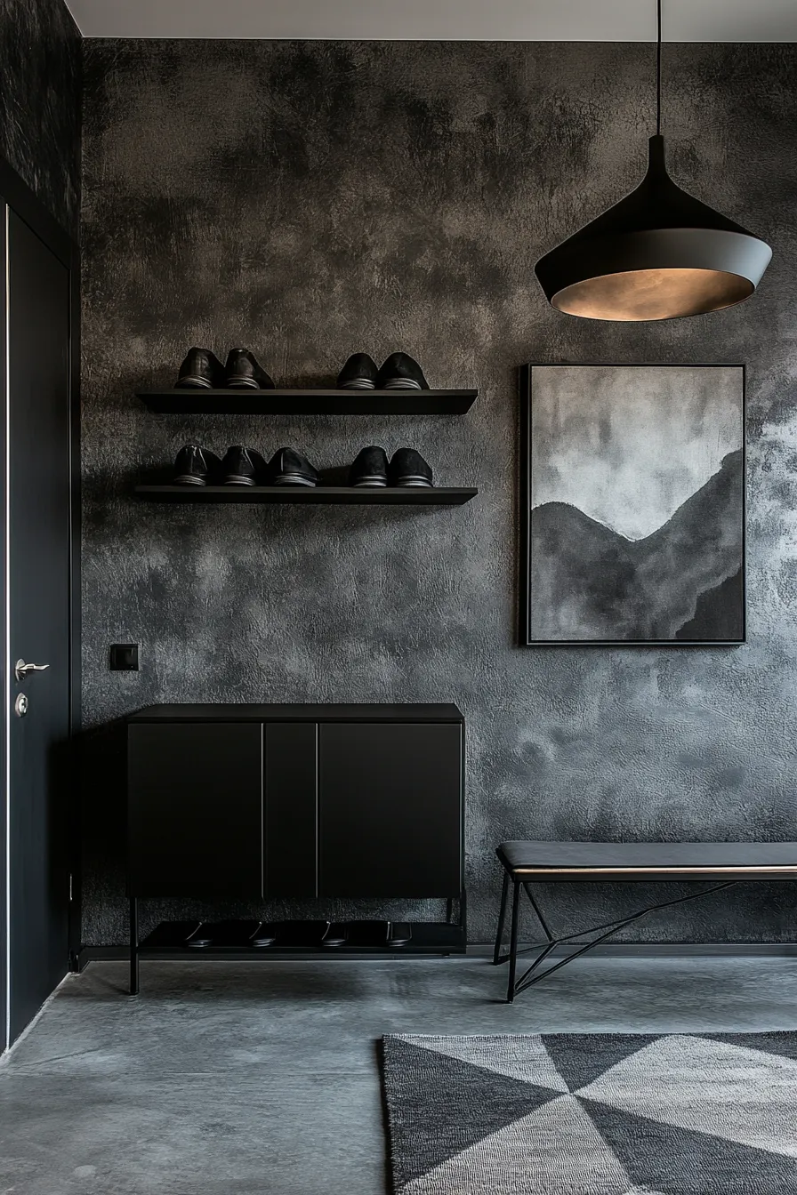 dark modern entryway featuring metal bench concrete floor shoe storage and monochromatic artwork