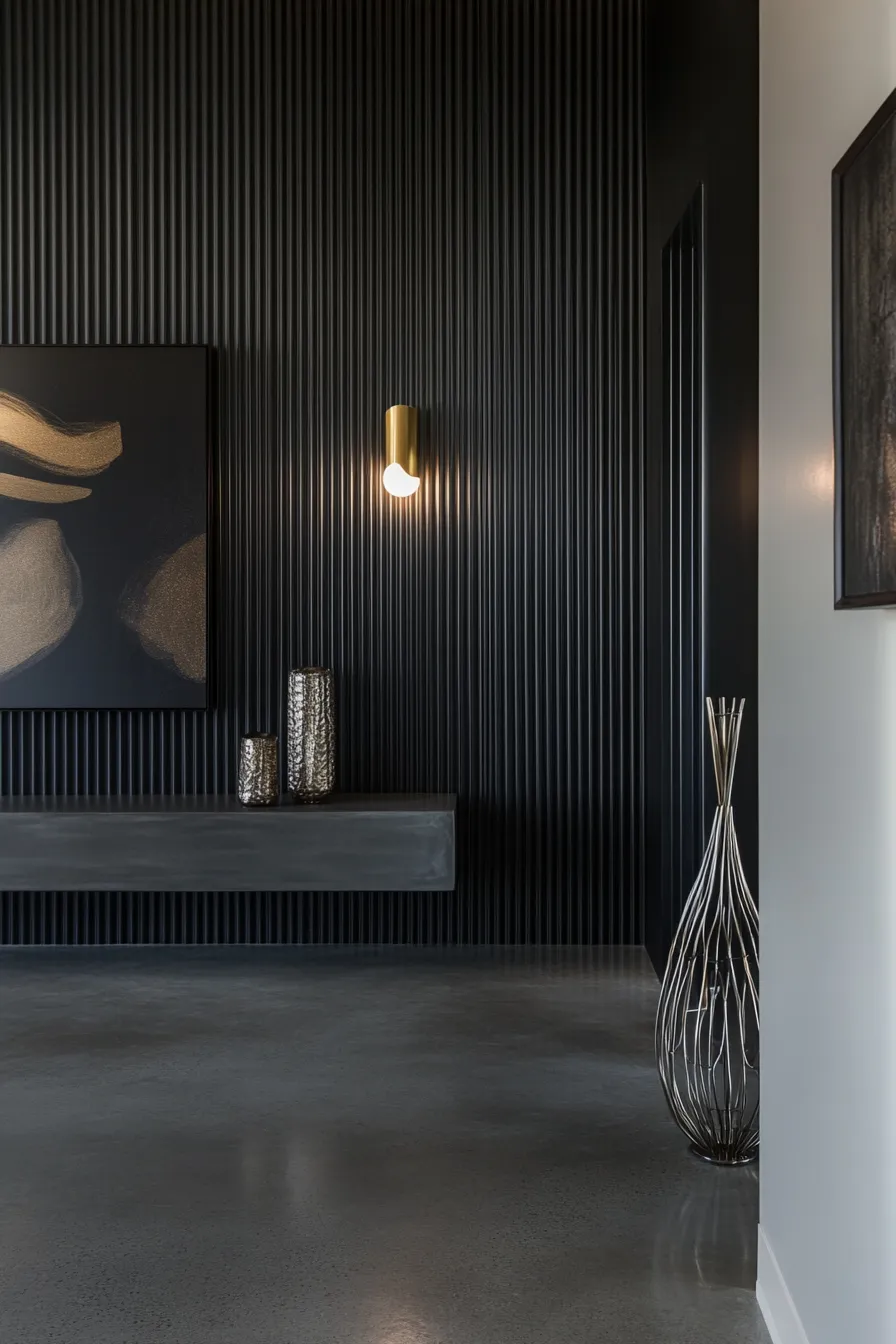 dark modern entryway featuring ribbed black wall panels graphite console table and minimalist brass lighting fixture