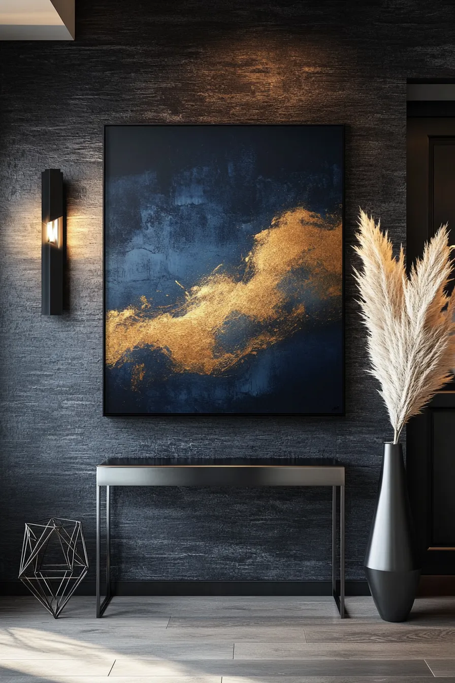 dark modern entryway featuring textured walls geometric mirror black sconce light and minimalist steel furniture