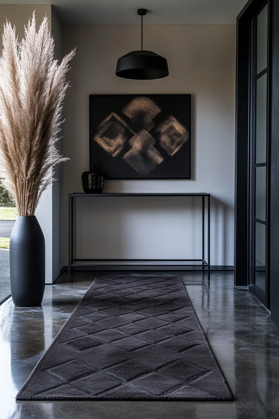 dark modern entryway featuring textured wool rug concrete floors metal console table and black pendant lighting