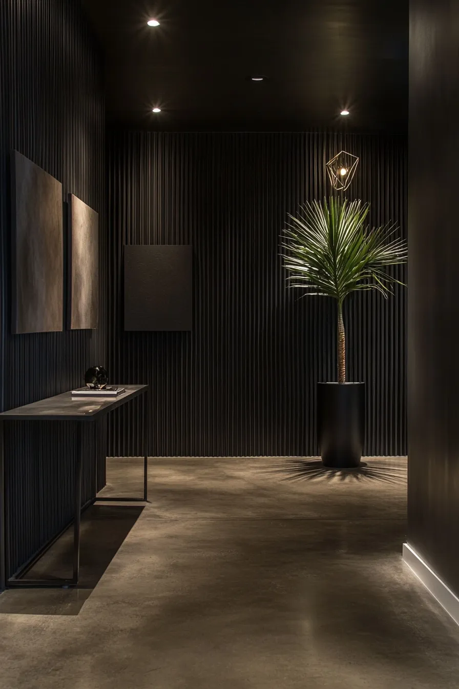 dark modern entryway with concrete floor textured black walls led lighting and potted palm plant