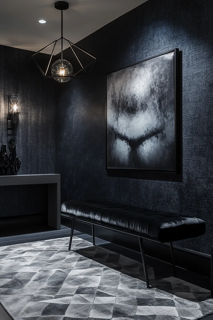 dark modern entryway with velvet bench pendant lighting and geometric rug against textured walls