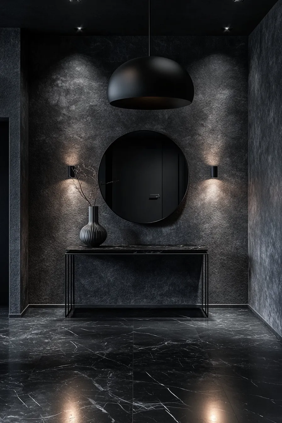 dramatic entryway featuring dark walls modern pendant lighting floating metal console and minimalist round mirror