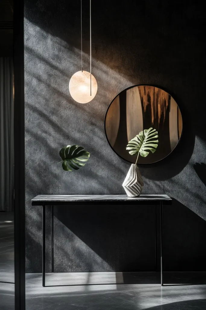 elegant dark entryway with console table textured walls pendant lighting and abstract wall art