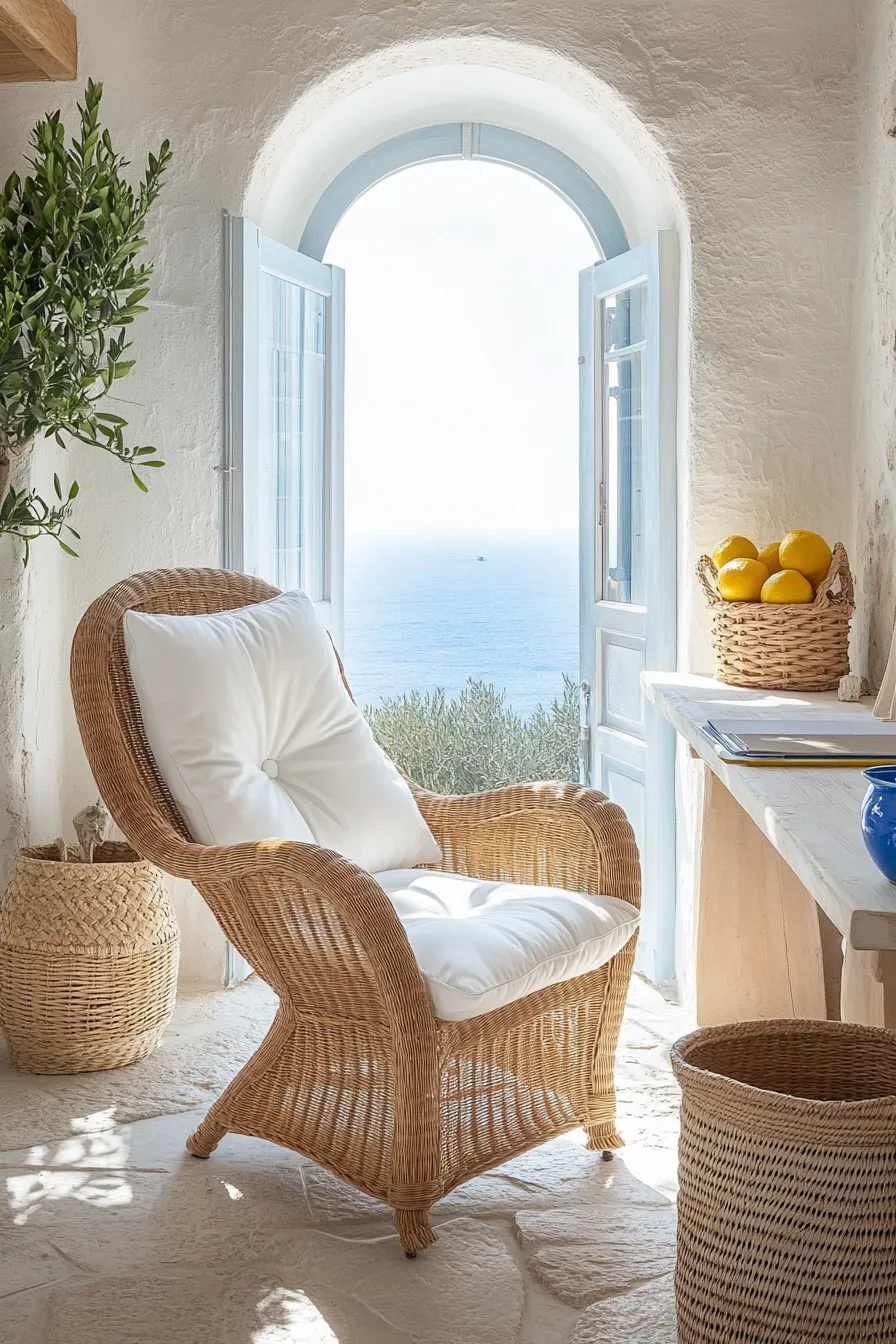 elegant rattan chair with curved arms and white cushions beside mediterranean window featuring stone floors and ceramic accents