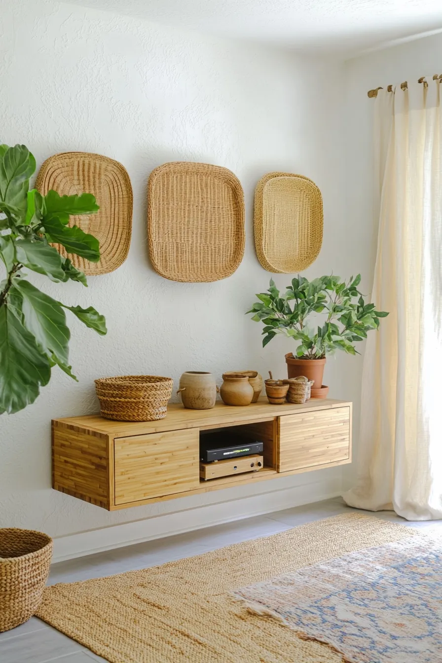 floating bamboo media console on white wall with woven baskets pottery and fiddle leaf fig plant in natural light