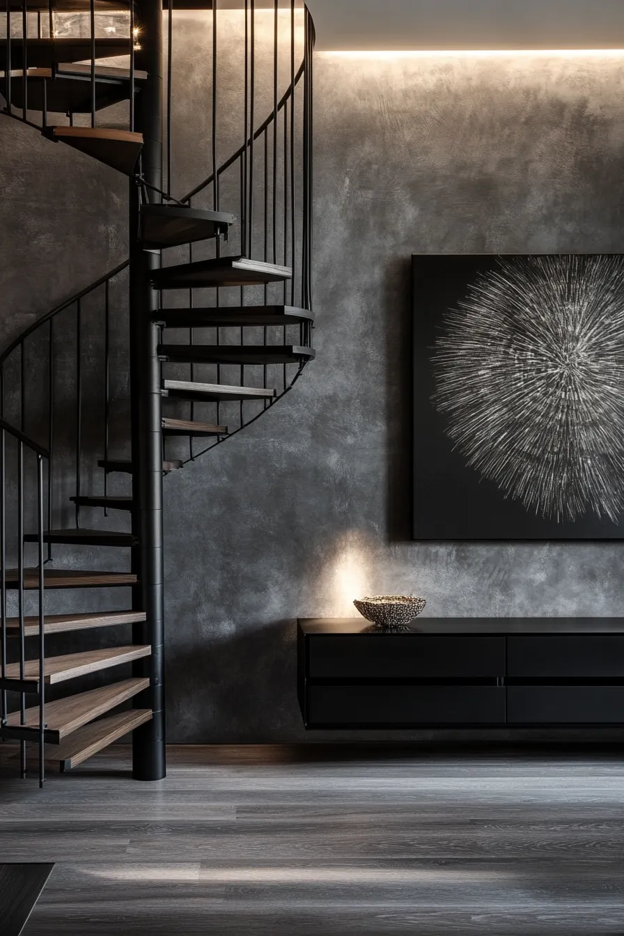 floating spiral staircase with black railings and walnut steps against dark concrete wall featuring modern console table and pendant light