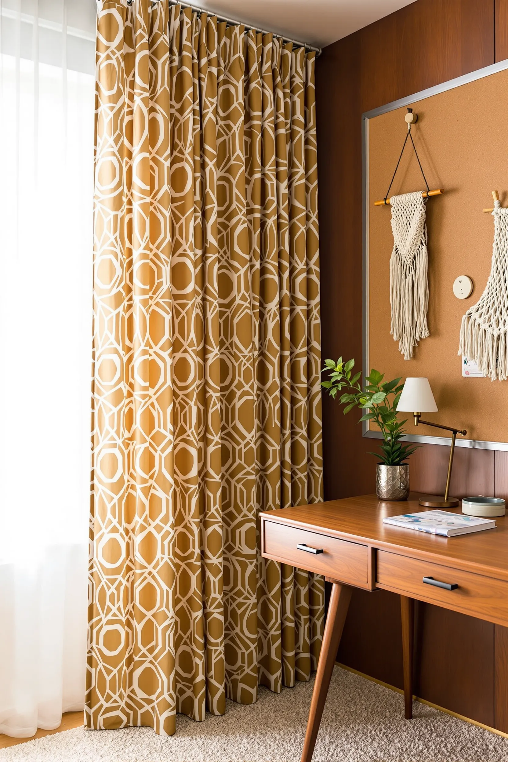 floortoceiling geometric curtains in harvest gold and orange with wooden pull cord in 70s style office