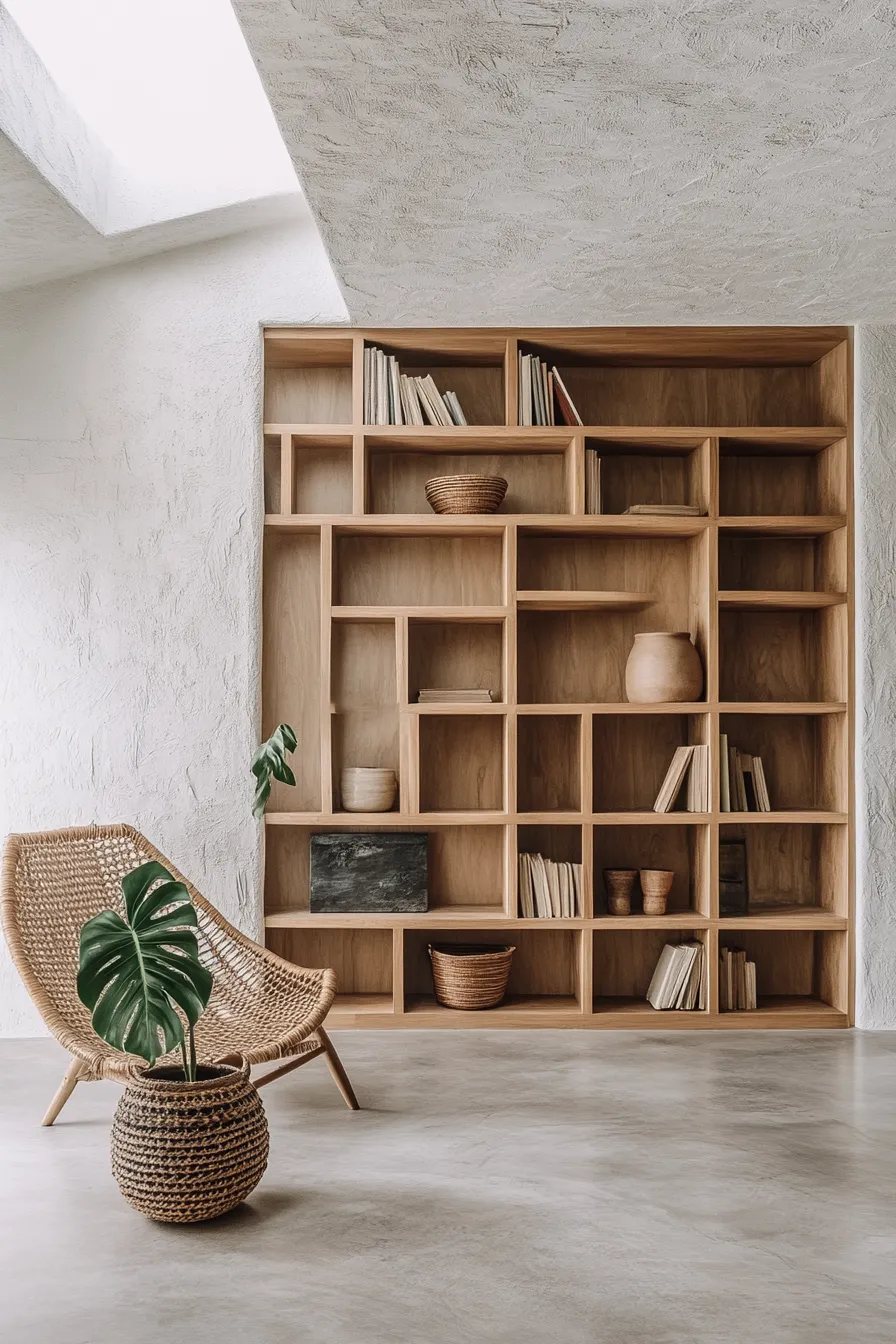 floortoceiling oak bookshelf with floating asymmetrical compartments white walls concrete floor rattan chair and monstera plant