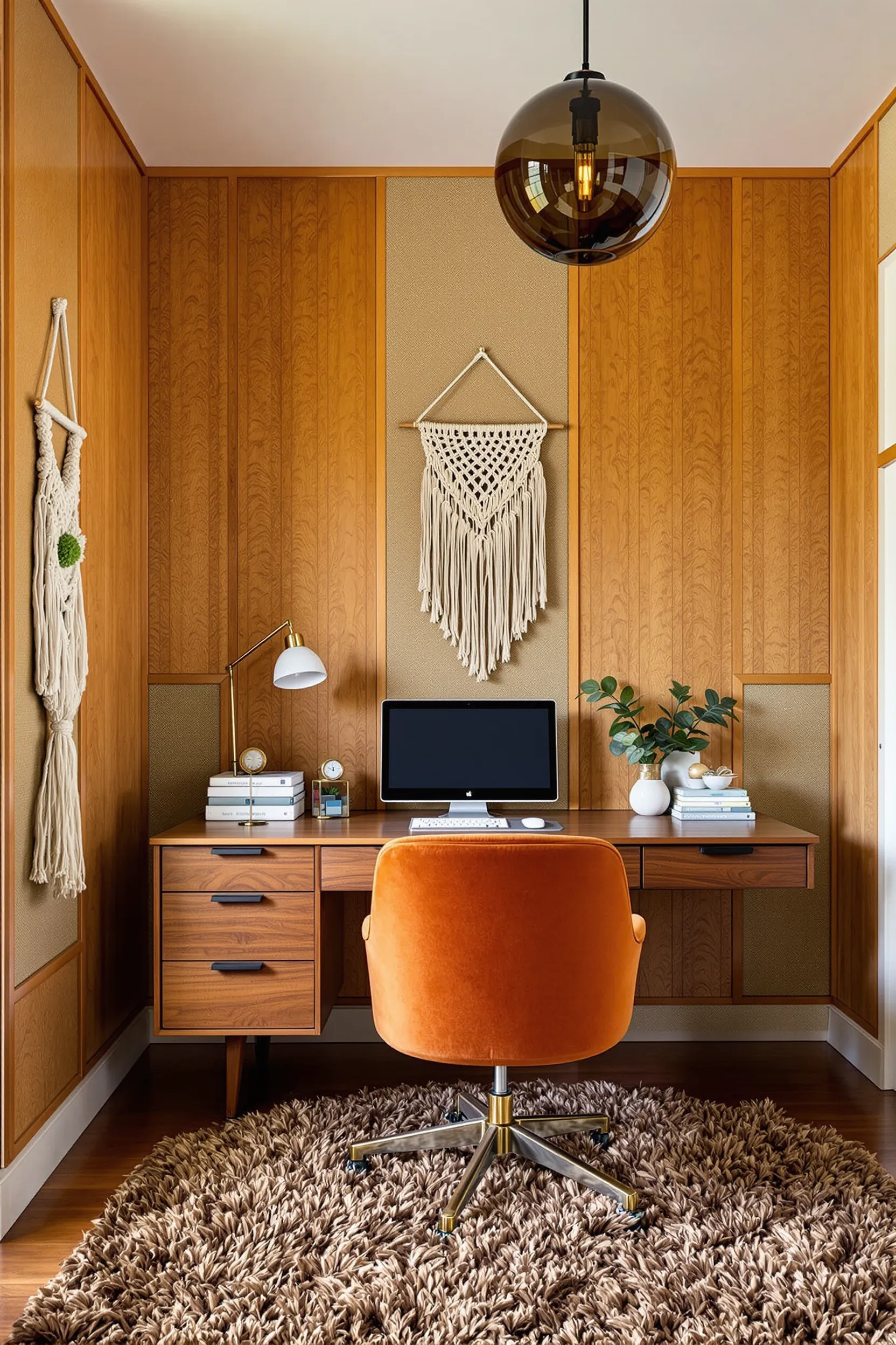 home office with wood panel walls globe light fixture vintage desk and macrame decor