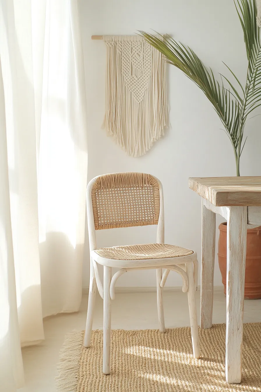 ibiza style dining area featuring woven rattan chairs rustic table white walls and natural fiber accents with filtered sunlight