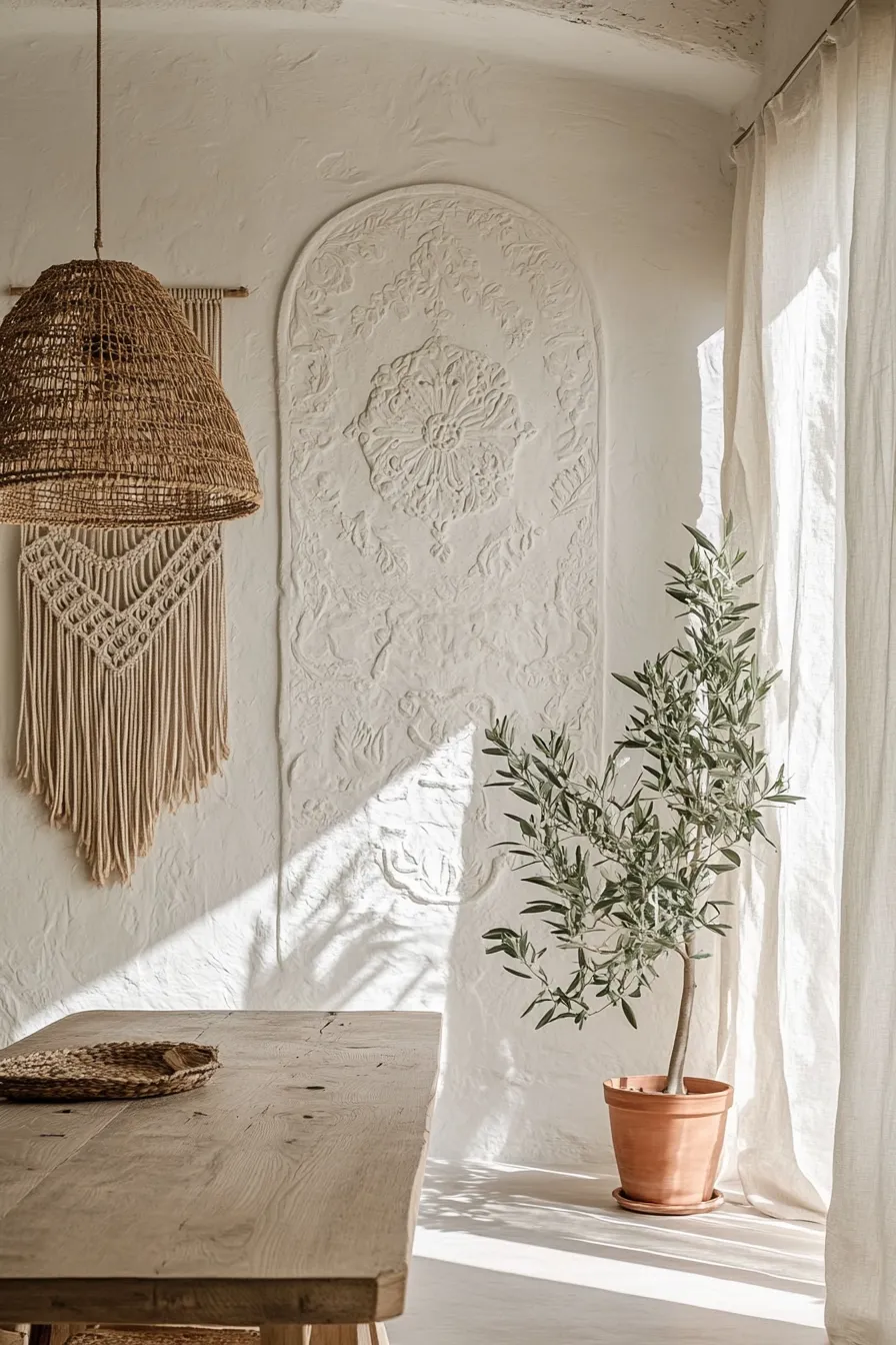 ibiza style dining room with plaster walls stone accent wall arched windows wooden dining table and hanging plants