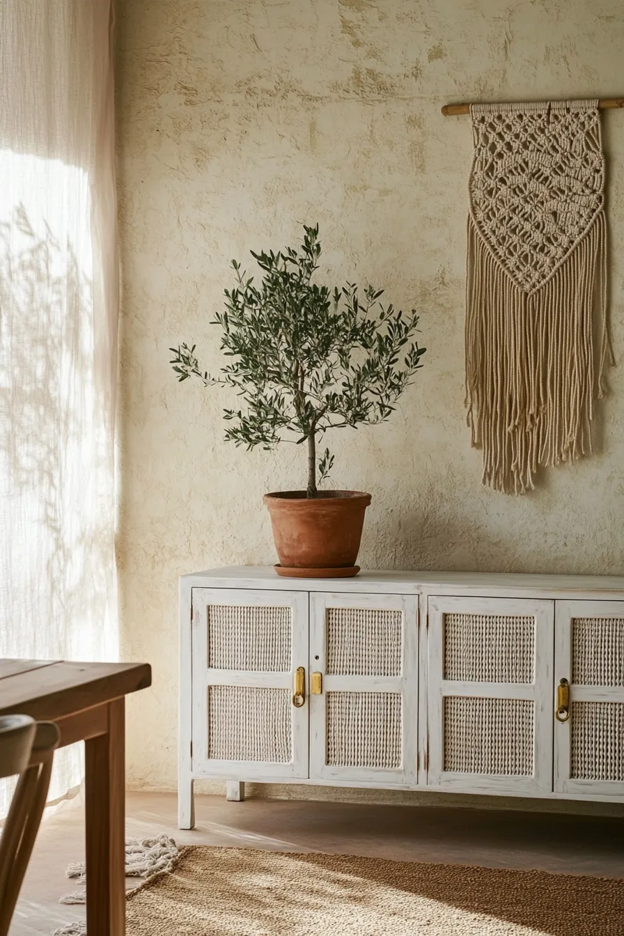 ibiza style dining room with sideboard textured walls olive tree and woven decorative elements