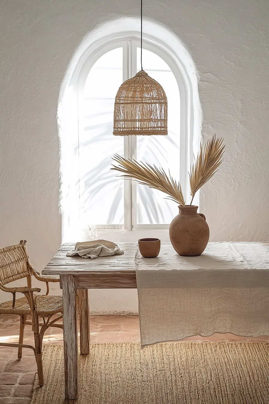 ibiza style dining room with teak table whitewashed walls arched window rattan pendant woven chairs on terracotta floor