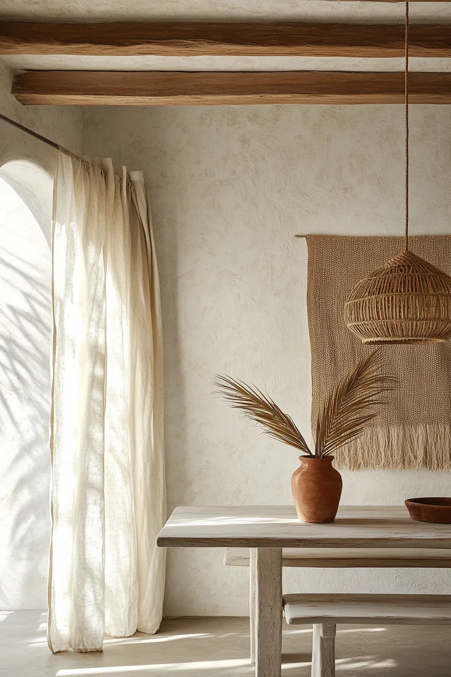 ibiza style dining room with whitewashed walls wooden beams woven pendant light and organic textiles