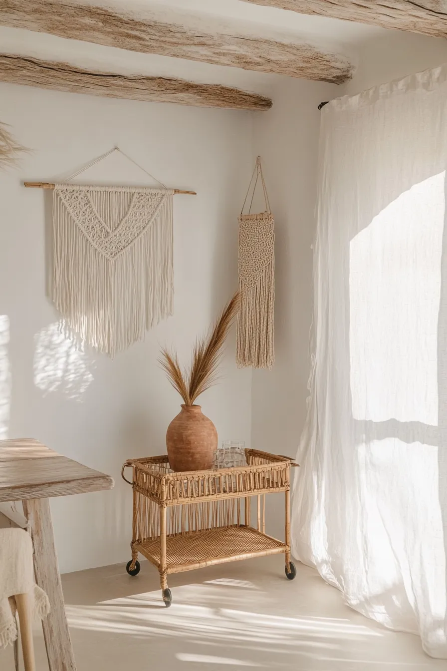 ibizastyle dining area with rattan cart oak table white walls and natural fiber lighting