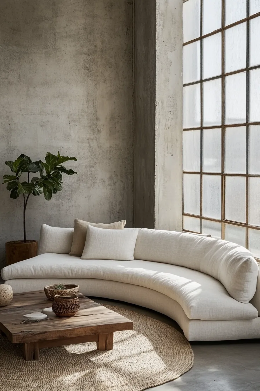 ivory sofa in sunlit modern room with concrete walls wood table jute rug and potted plant