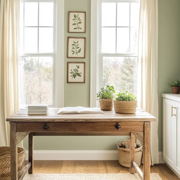 lightfilled farmhouse office featuring white builtins linen curtains jute rug and potted herbs on windowsill