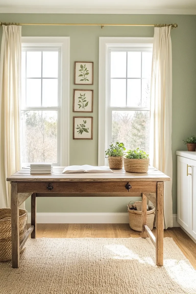 lightfilled farmhouse office featuring white builtins linen curtains jute rug and potted herbs on windowsill