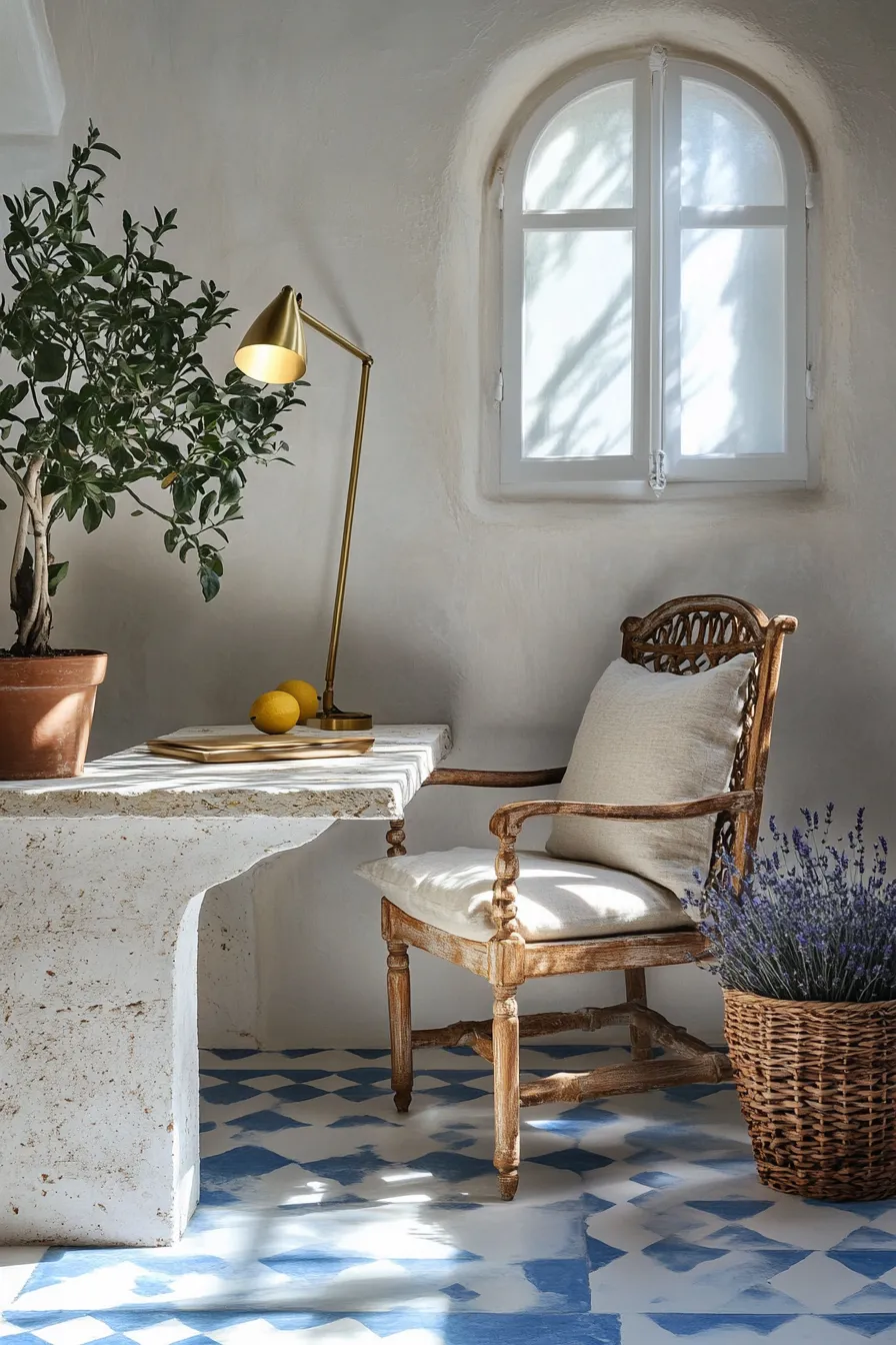 lightfilled mediterranean home office with brass task lamp painted tiles and whitewashed surfaces